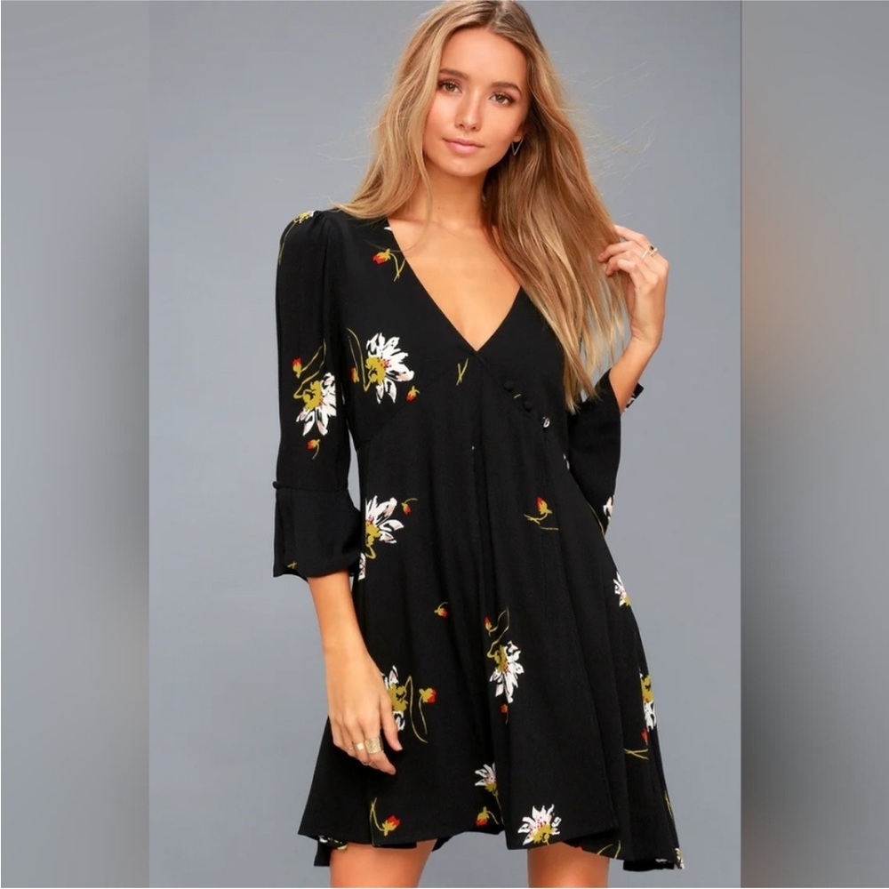 Free People- Time On My Side Black Floral Print Wrap Dress - Picture 3 of 12